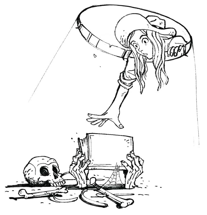 A young female archaeologist reaching down into a hole, toward a skeleton holding up a book.