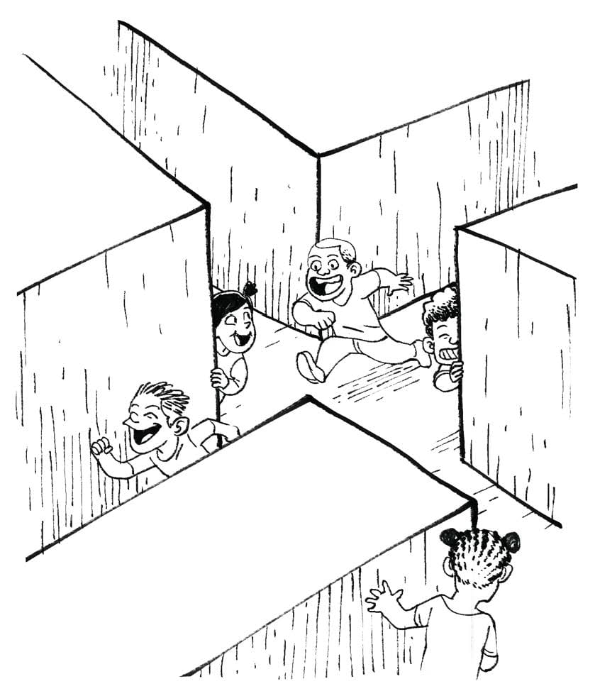 An overhead view of kids running around a maze, peeking around the corners.