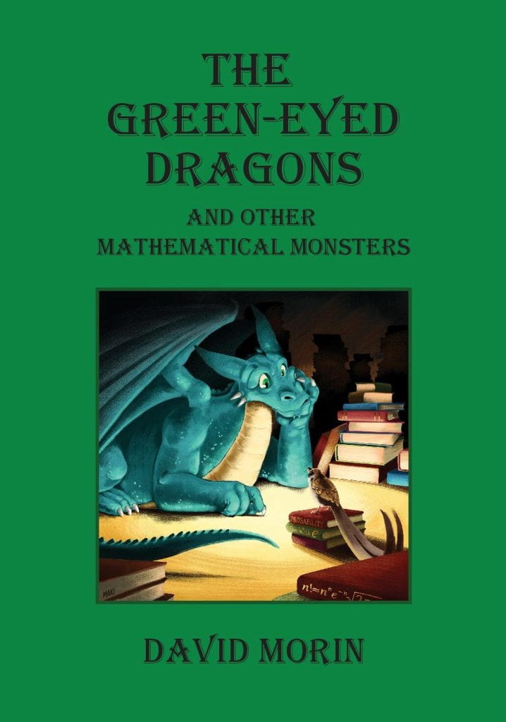 Green-Eyed Dragons book cover. A dragon pondering a problem, next to a stack of books.