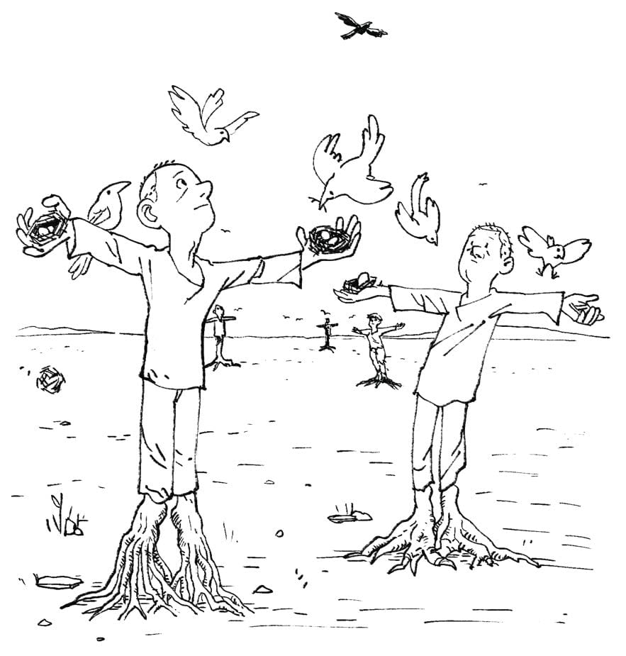 Two forlorn people, with roots for feet, holding bird nests in outstretched hands.