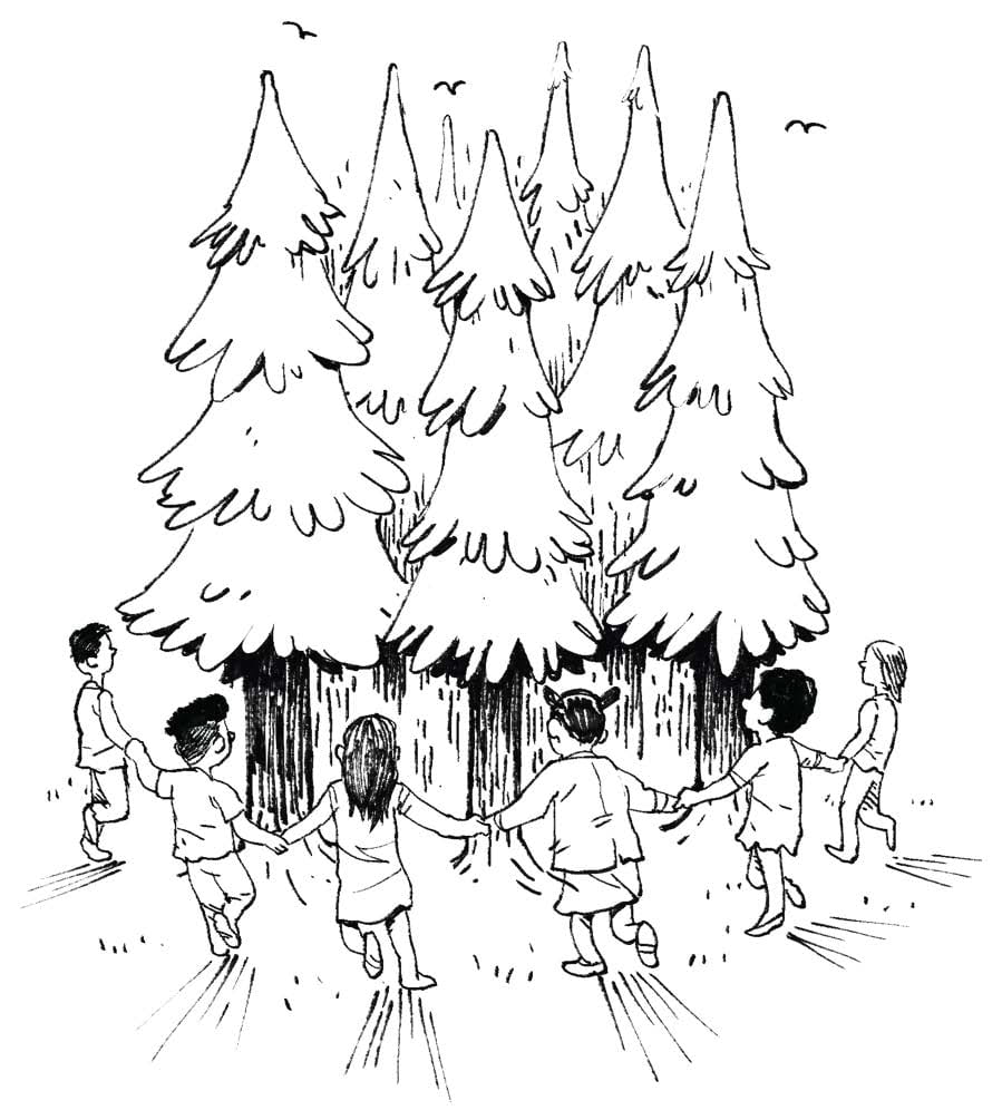 Children holding hands and dancing in a circle around a grove of pine trees.