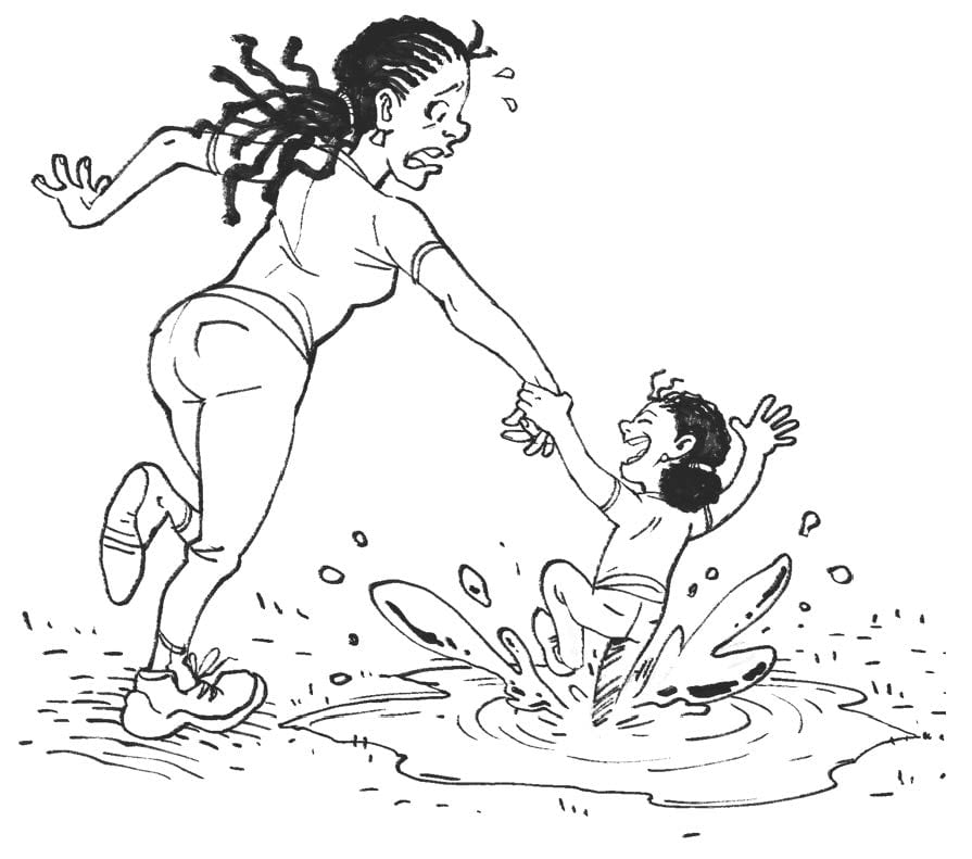 A mother with a worried look, holding the hand of her daughter, who is gleefully splashing through a puddle.