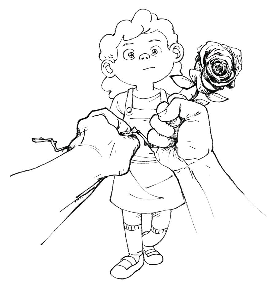 A rose, held in clenched fists, being given to a little girl.