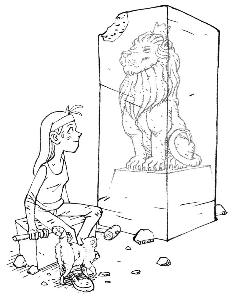 A young female sculptor looking at a large block of marble, with the image of a majestic lion inside.
