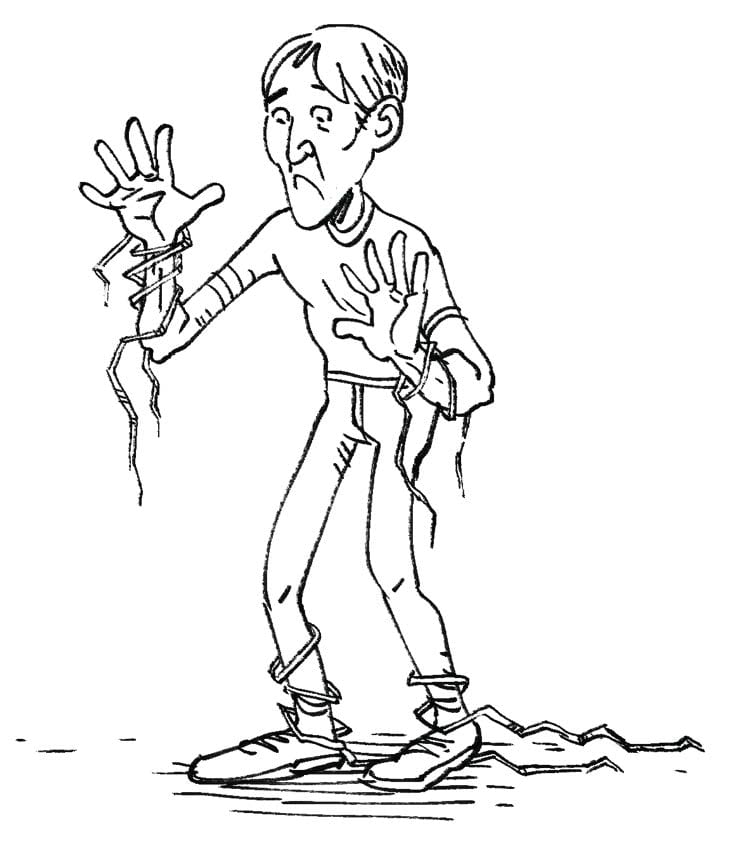A man with a hopeless look in a mime pose with hands in front, with strands of straw around wrists and ankles.