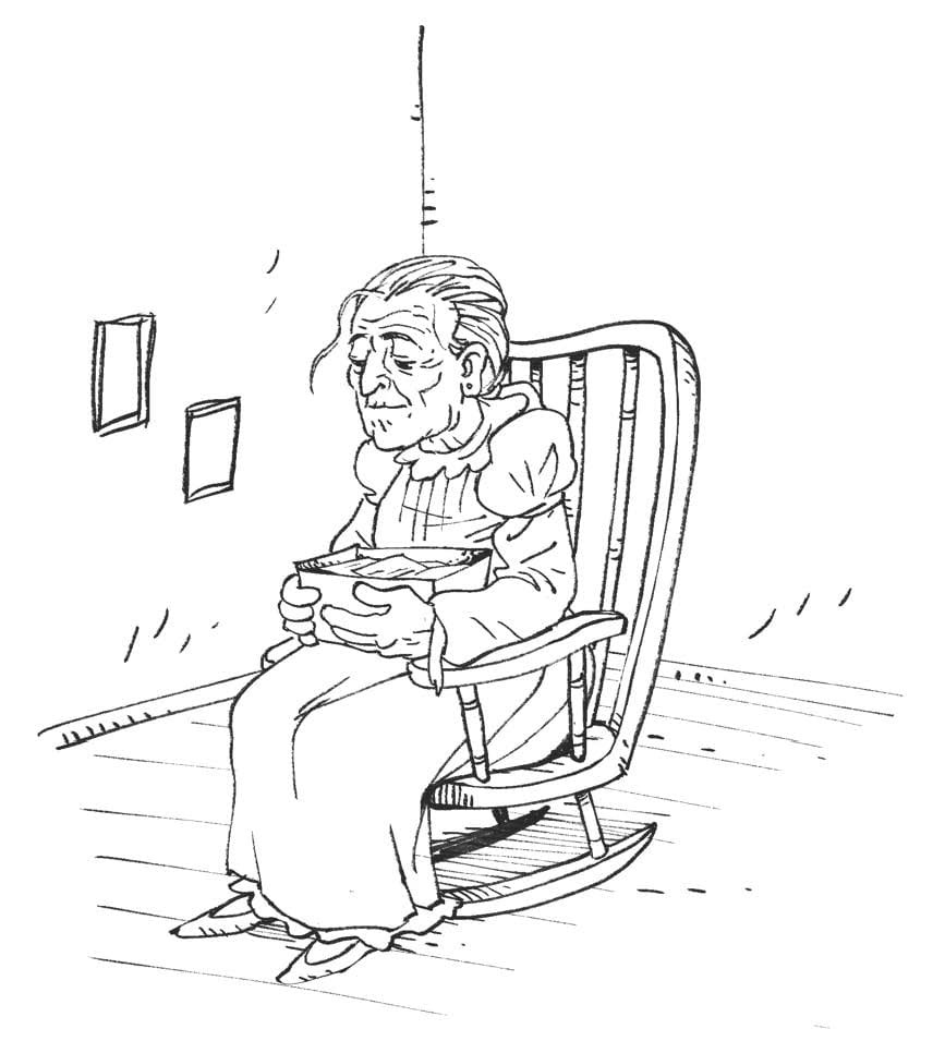 A contemplative old lady sitting in a rocking chair, holding a shoebox on her lap.