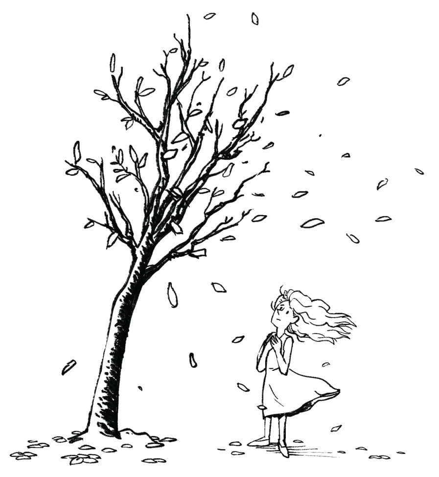 A woman looking up at a tree. A wind blows its leaves and her hair to the right, and also makes the tree lean to the right.