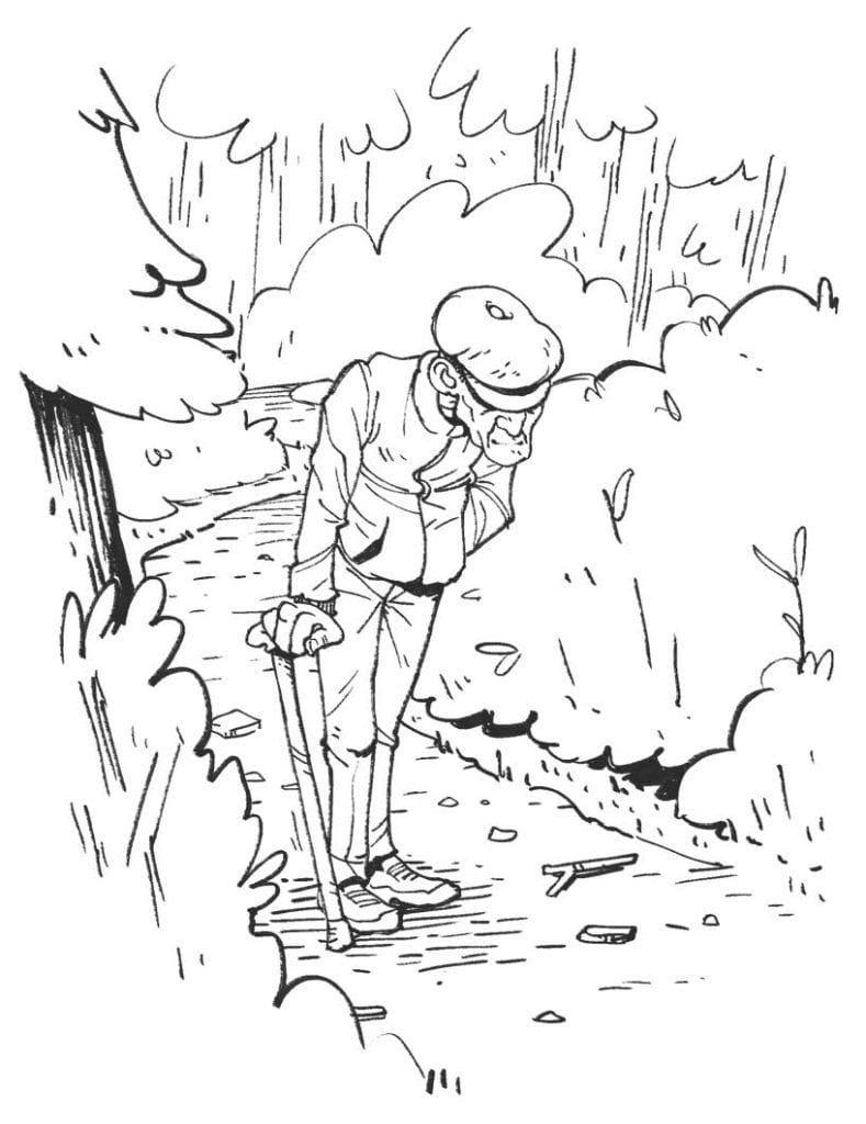 An old man hunched on his cane, shuffling along a path.