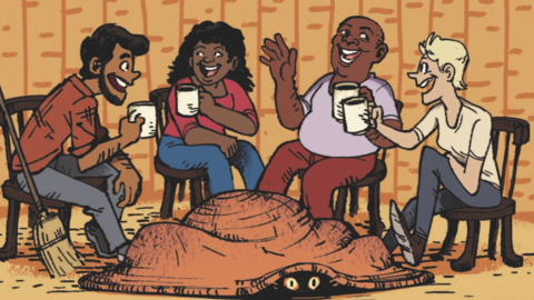 Cartoon of a group of people laughing